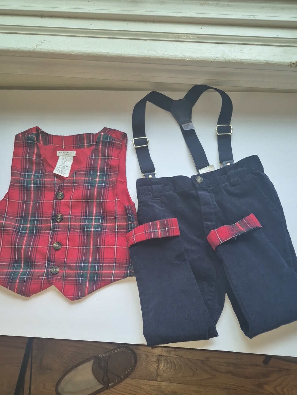Max Studio Red Plaid Vest with Navy Pants and Suspenders
